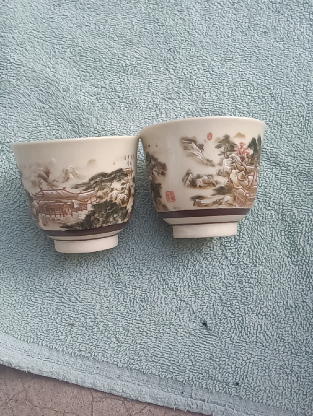 Pair of Decorative Porcelain Tea Cups with Scenic Landscape